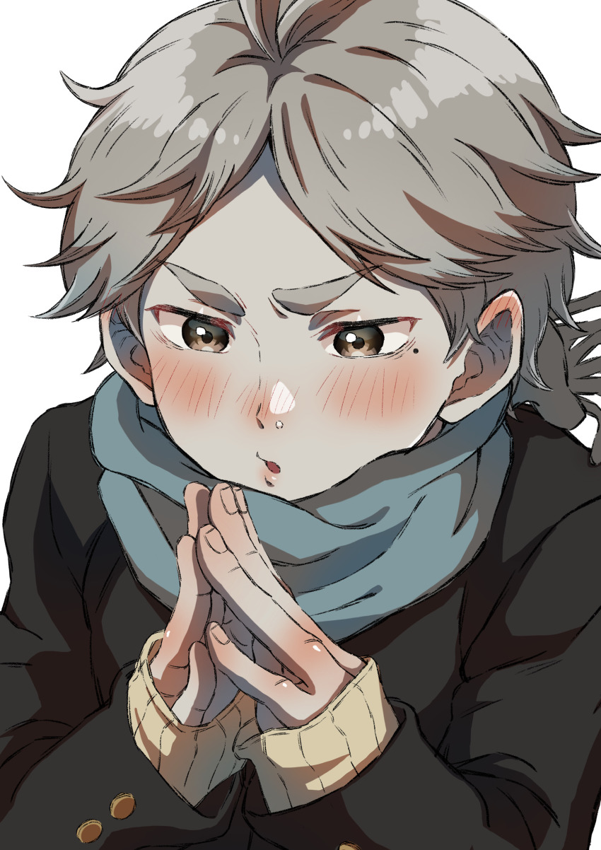 1boy, absurdres, black_jacket, blue_scarf, blush, buttoned_cuffs, buttons, cold