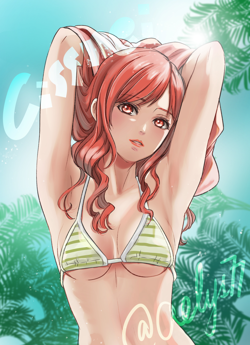 aelys77, alternate_costume, armpits, arms_behind_head, bare_arms, bikini, breasts, character_name, cissnei, cleavage, crisis_core:_final_fantasy_vii, final_fantasy, final_fantasy_vii, final_fantasy_vii_rebirth, final_fantasy_vii_remake, hands_in_own_hair, highres, light_blush, long_hair, looking_at_viewer, medium_breasts, midriff, outdoors, palm_tree, parted_lips, red_eyes, red_hair, sideboob, striped_bikini, striped_clothes, sunlight, swept_bangs, swimsuit, tree, twitter_username, underboob, upper_body, wavy_hair, yellow_bikini