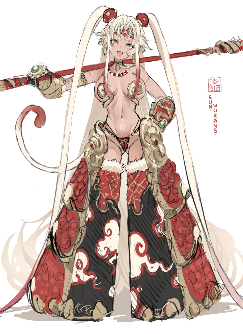 1girl, absurdres, blonde_hair, bo_staff, character_name, circlet, commentary, dark-skinned_female