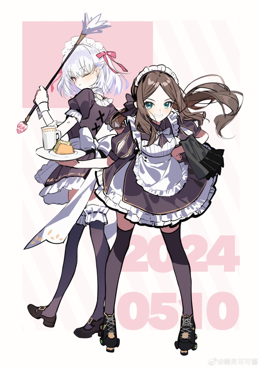 2girls, :<, ;<, absurdres, alternate_costume, apron, artist_name, back_bow