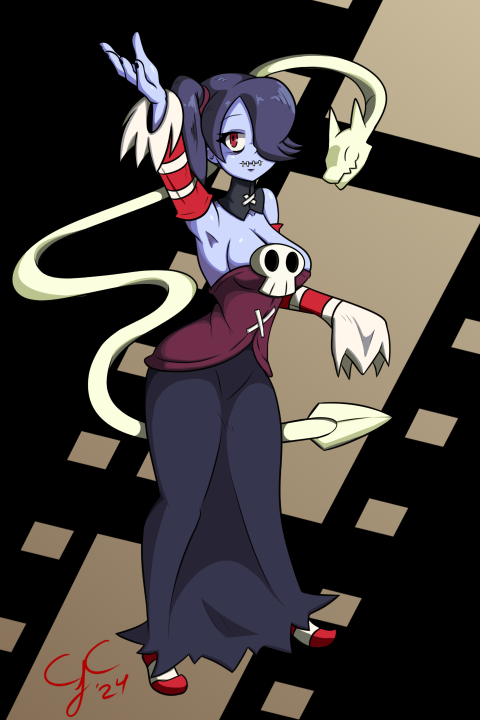 1girl, arm_up, armpits, bare_shoulders, black_background, black_nails, blue_hair, blue_skin, bone, breasts, brown_background, cjanitorc, cleavage, closed_mouth, colored_skin, commentary, detached_collar, detached_sleeves, dress, english_commentary, film_strip, fingernails, full_body, hair_over_one_eye, highres, large_breasts, leviathan_(skullgirls), long_skirt, looking_at_viewer, no_shoes, object_through_head, red_dress, red_eyes, red_socks, short_hair, side_ponytail, signature, simple_background, skirt, skull, skullgirls, sleeves_past_fingers, sleeves_past_wrists, smile, socks, solo, squigly_(skullgirls), standing, stitched_mouth, stitches, striped_clothes, striped_sleeves, striped_socks, two-tone_background, white_socks, zombie