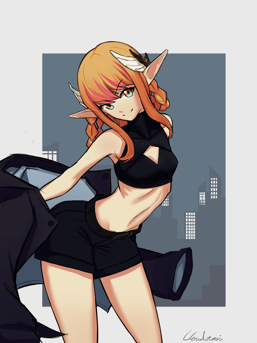 1girl, black_jacket, black_shorts, braid, braided_hair_rings, breasts, circe_(fate), cleavage