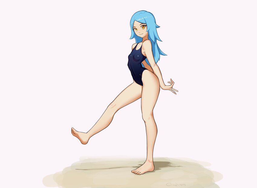 1girl, absurdres, arms_behind_back, barefoot, black_one-piece_swimsuit, blue_hair, breasts, cloud_alter, commentary, full_body, highres, long_hair, one-piece_swimsuit, original, skinny, small_breasts, solo, standing, standing_on_one_leg, swimsuit, yellow_eyes