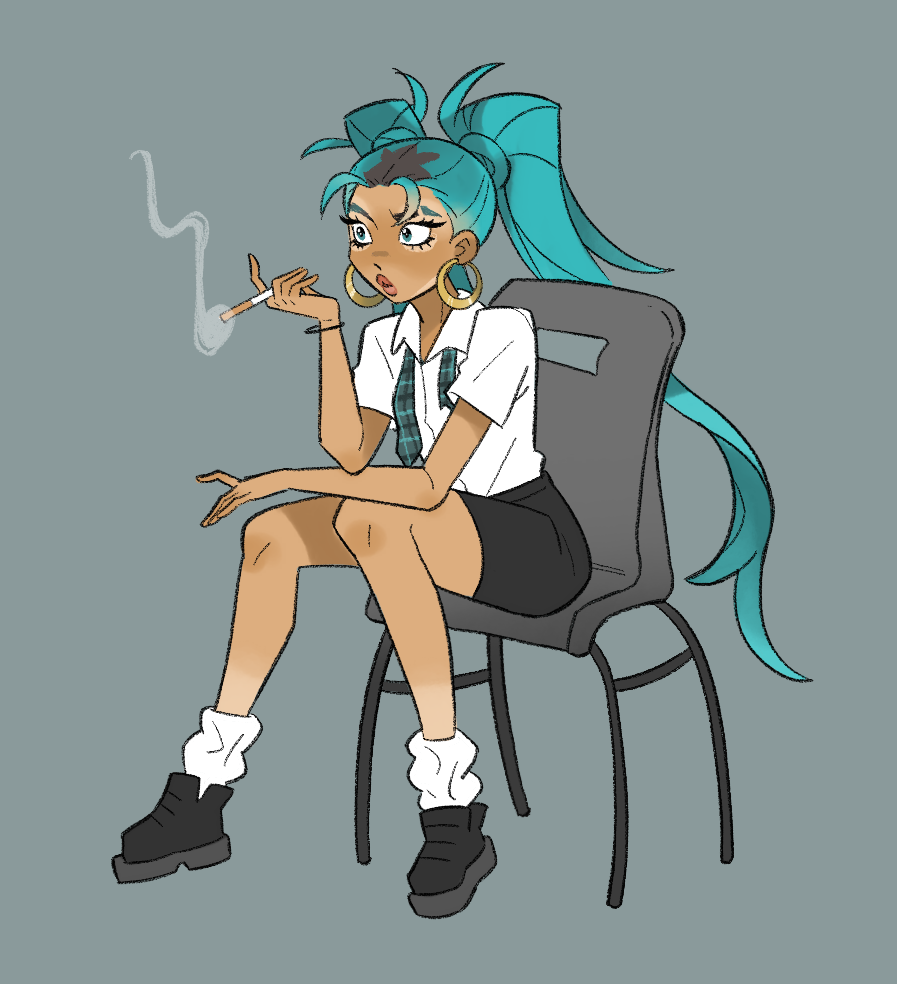 1girl, aqua_eyes, aqua_hair, aqua_necktie, black_boots, black_skirt, boots, chair, cigarette, commentary, earrings, english_commentary, hatsune_miku, holding, holding_cigarette, hoop_earrings, jewelry, long_hair, loose_socks, necktie, on_chair, pencil_skirt, plaid_clothes, plaid_necktie, school_uniform, shirt, sitting, skipppppy, skirt, smoking, socks, solo, tan, undone_necktie, united_kingdom, vocaloid, white_shirt, worldwide_miku