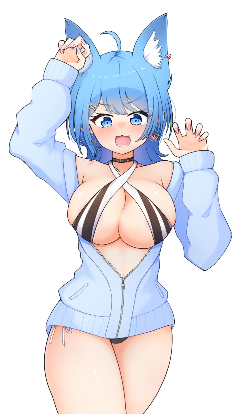 1girl, :3, absurdres, ahoge, animal_ear_fluff, animal_ear_piercing, animal_ears, bikini