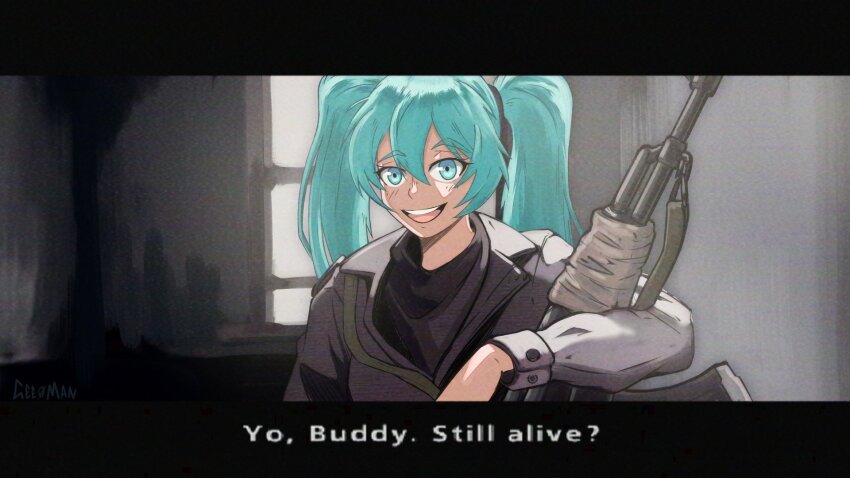 1girl, ace_combat, ace_combat_zero, black_border, black_sweater, border, buttons, cosplay, english_text, green_eyes, green_hair, gun, hatsune_miku, highres, holding, holding_gun, holding_weapon, jacket, kalashnikov_rifle, larry_foulke, larry_foulke_(cosplay), long_hair, long_sleeves, looking_at_viewer, open_mouth, parody, peyton_gee, solo, sweater, teeth, twintails, vocaloid, weapon, worldwide_miku