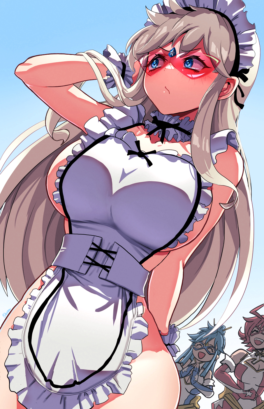 3girls, apron, arm_behind_back, bare_hips, blonde_hair, blue_eyes, blue_hair, breasts