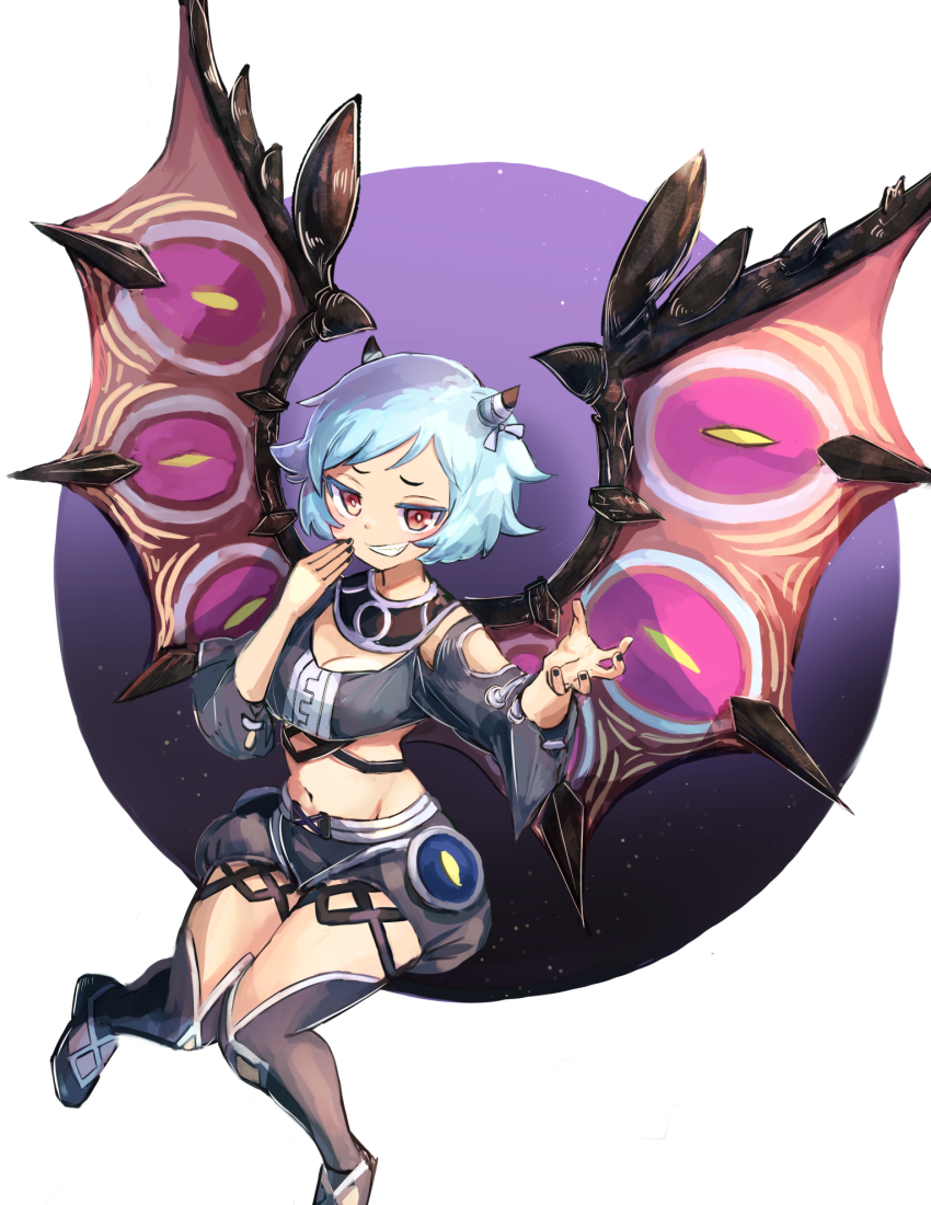 amanokujaki, black_shirt, blue_hair, breasts, commission, crop_top, demon_girl, demon_wings, duel_monster, full_body, hatano_kiyoshi, highres, laughing, medium_breasts, navel, red_eyes, shirt, short_hair, skeb_commission, smug, wings, yu-gi-oh!