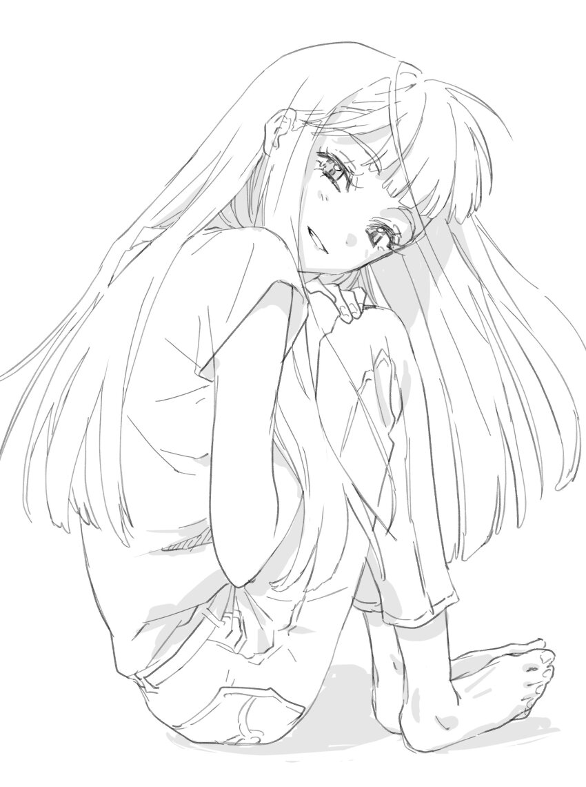 1girl, absurdres, barefoot, blunt_bangs, blunt_ends, denim, greyscale, gundam