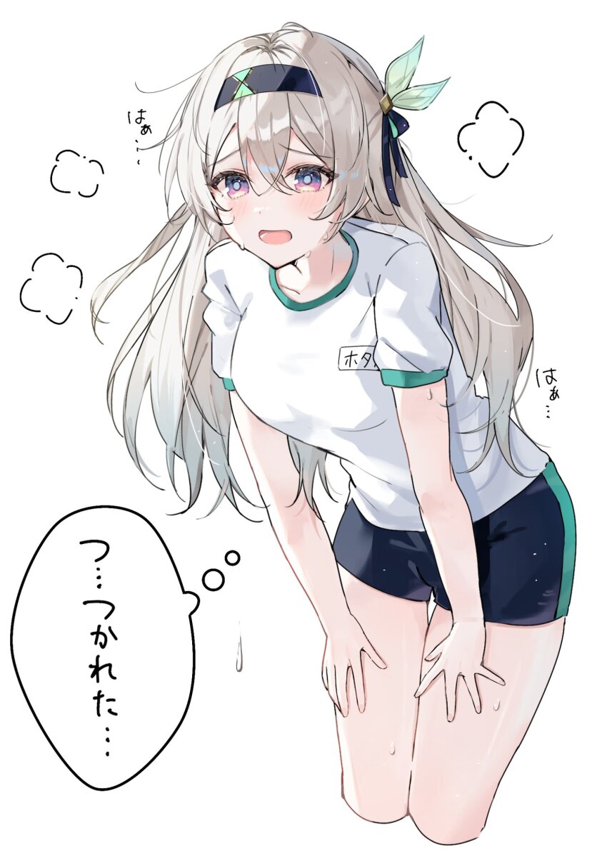 1girl, black_hairband, blush, breasts, cowboy_shot, cropped_legs, ebitendon, exhausted