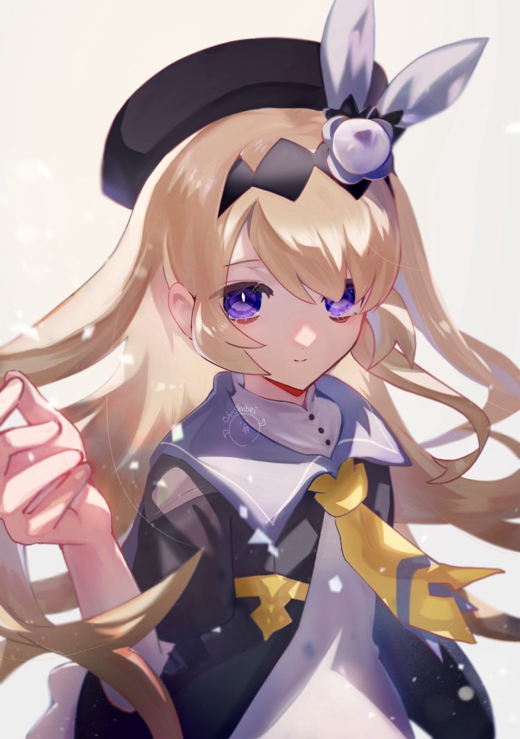 1girl, black_dress, black_hat, blonde_hair, closed_mouth, dragalia_lost, dress, hair_ornament