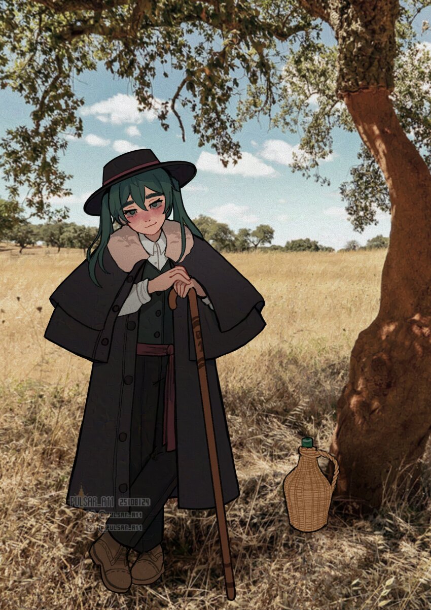 1girl, absurdres, aqua_eyes, aqua_hair, black_coat, black_hat, black_pants, bottle