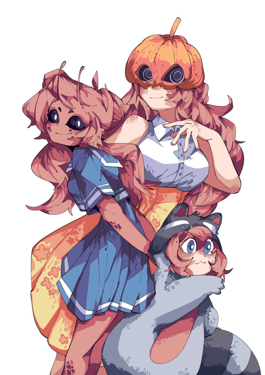 3girls, :3, afterlife_smp, alternate_hair_length, alternate_hairstyle, animal_ears, animification, antennae, black_sclera, blue_eyes, blue_serafuku, breasts, collared_shirt, colored_sclera, colored_skin, commentary, cosplay, double_bun, fake_animal_ears, hair_bun, hand_up, hashtag-only_commentary, highres, hood, hood_up, kigurumi, ldshadowlady, ldshadowlady_(crawler), ldshadowlady_(floran), ldshadowlady_(raccoon), long_hair, looking_at_viewer, minecraft_youtube, monster_girl, multiple_girls, multiple_persona, orange_skirt, pink_hair, pink_skin, pumpkin_mask, raccoon_costume, raccoon_ears, raccoon_tail, school_uniform, serafuku, shirt, short_hair, simple_background, skirt, standing, tail, white_background, white_shirt, yuepcat