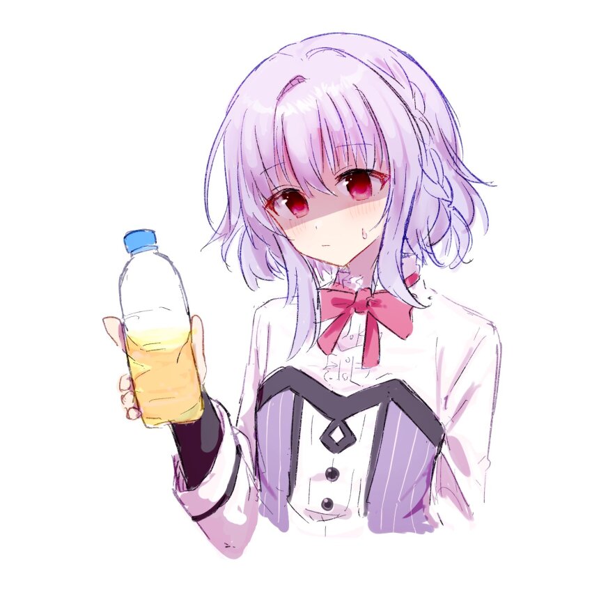 1boy, :/, asuka_minato, blue_hair, blush, bottle, bow, braid