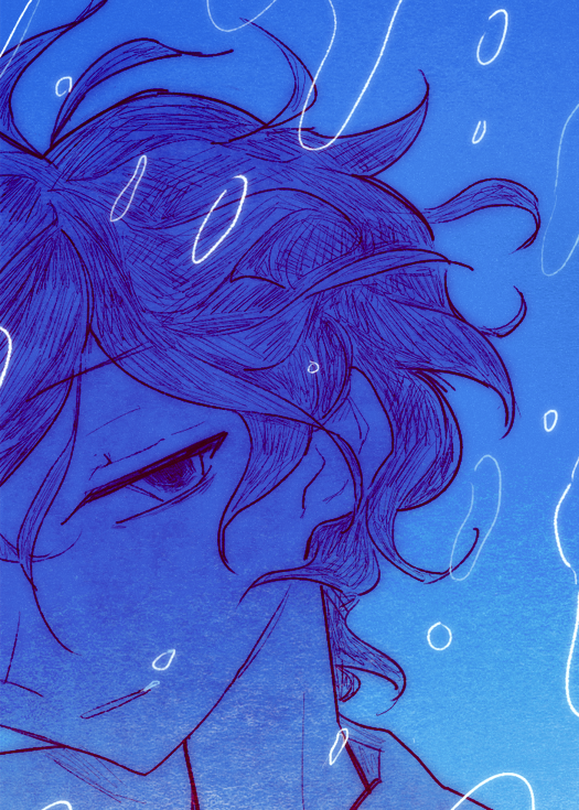 1boy, air_bubble, asphyxiation, bags_under_eyes, blue_background, blue_theme, bubble, collared_shirt