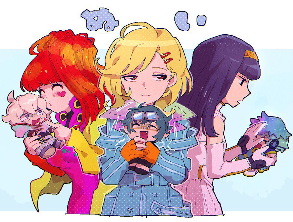 2boys, 2girls, 2others, blunt_bangs, chibi, chiimako, earrings, gnosia