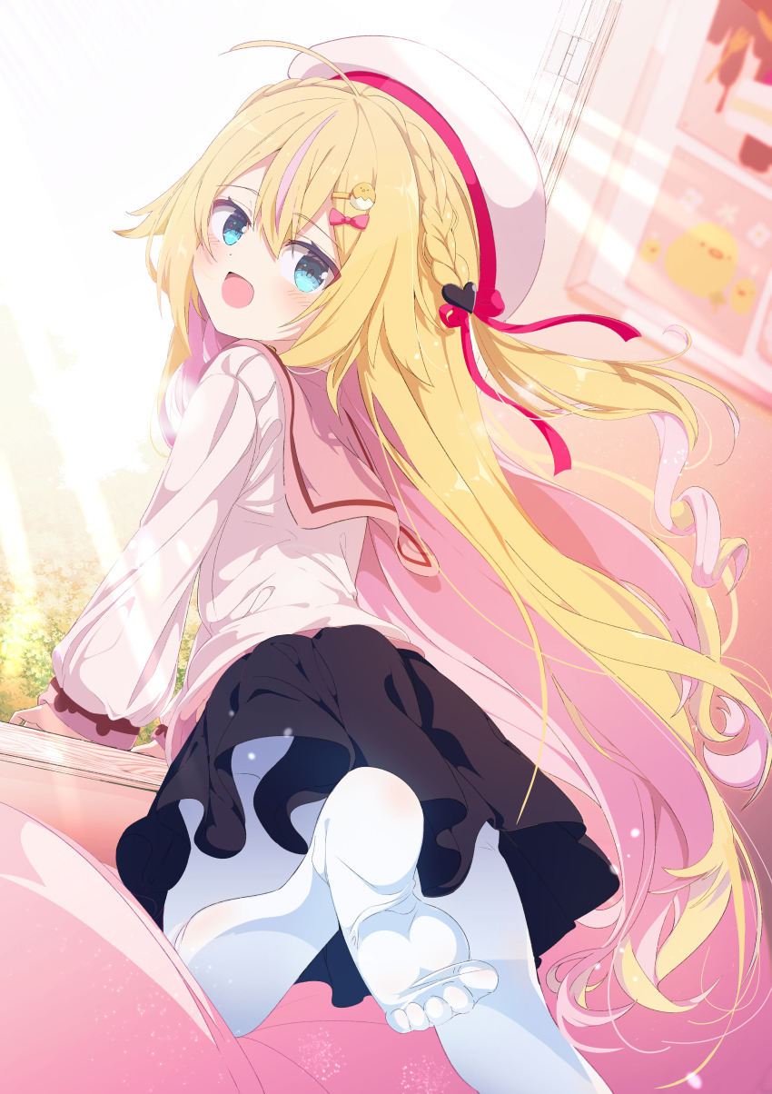 1girl, absurdres, ahoge, black_skirt, blonde_hair, braid, chidori_hina_(vtuber), commission, floating_hair, from_behind, hair_ornament, harvest_moon_(vtuber), hat, head_tilt, heart, heart_hair_ornament, highres, long_hair, long_sleeves, looking_at_viewer, looking_back, miniskirt, pantyhose, pink_sailor_collar, pleated_skirt, sailor_collar, sailor_shirt, shiro9jira, shirt, single_braid, skeb_commission, skirt, solo, very_long_hair, virtual_youtuber, white_hat, white_pantyhose, white_shirt