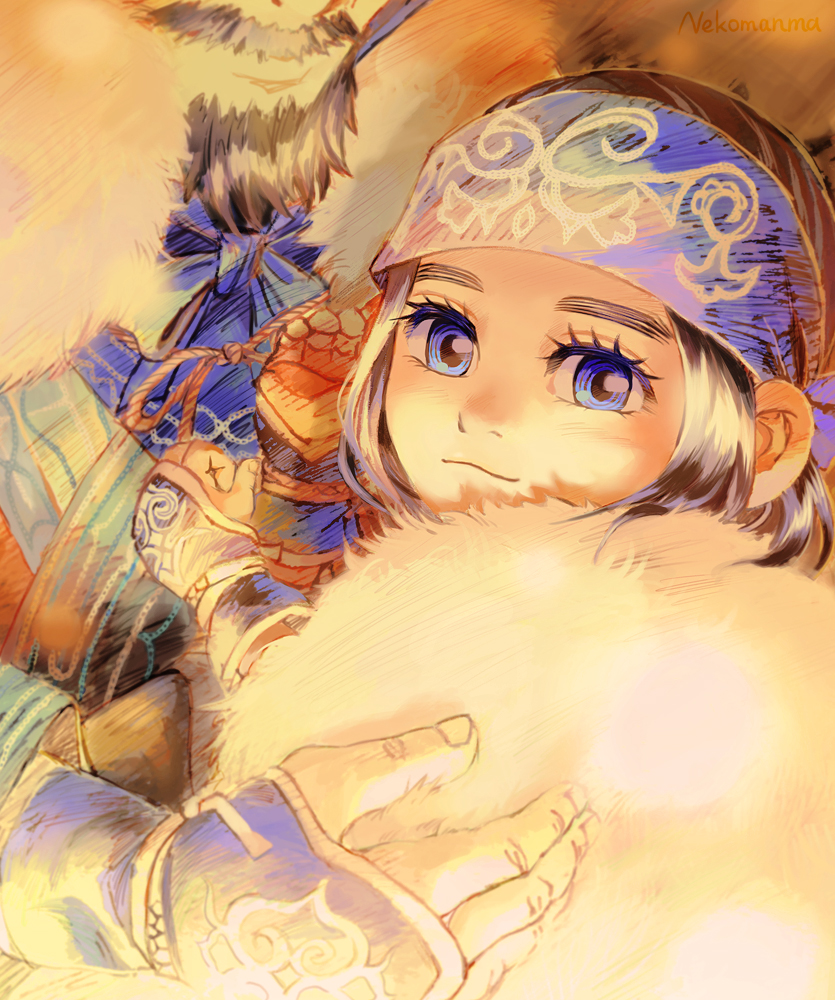 1girl, ainu, ainu_clothes, asirpa, beard, black_hair, blue_eyes, blue_headband