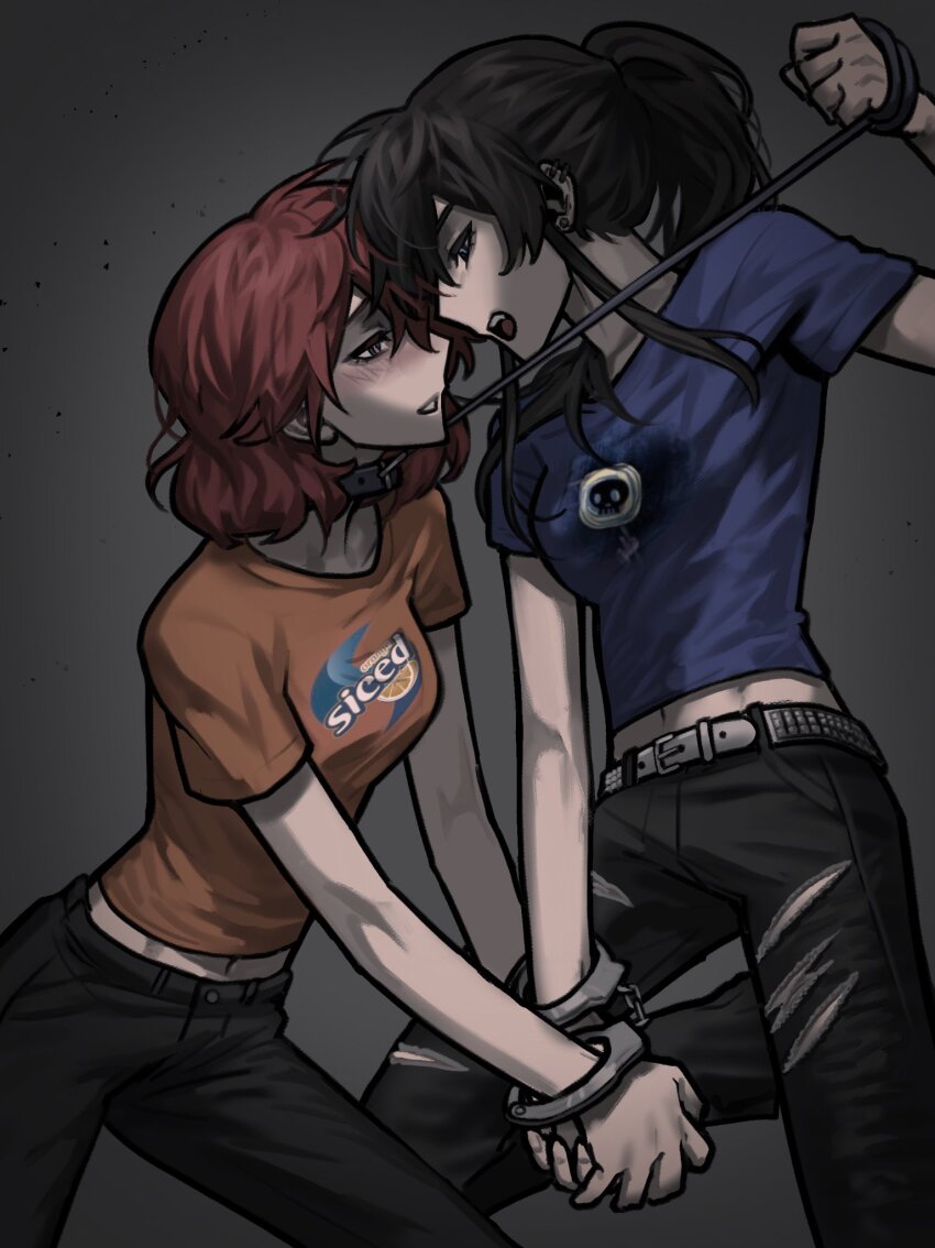 2girls, ari_(class_of_09), belt, black_hair, black_pants, blue_shirt, blush, bugs_bug_me