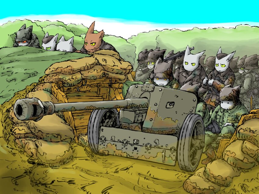 6+boys, 7.5_cm_pak_40, artillery, black_coat, cannon, coat, combat_helmet, commentary_request