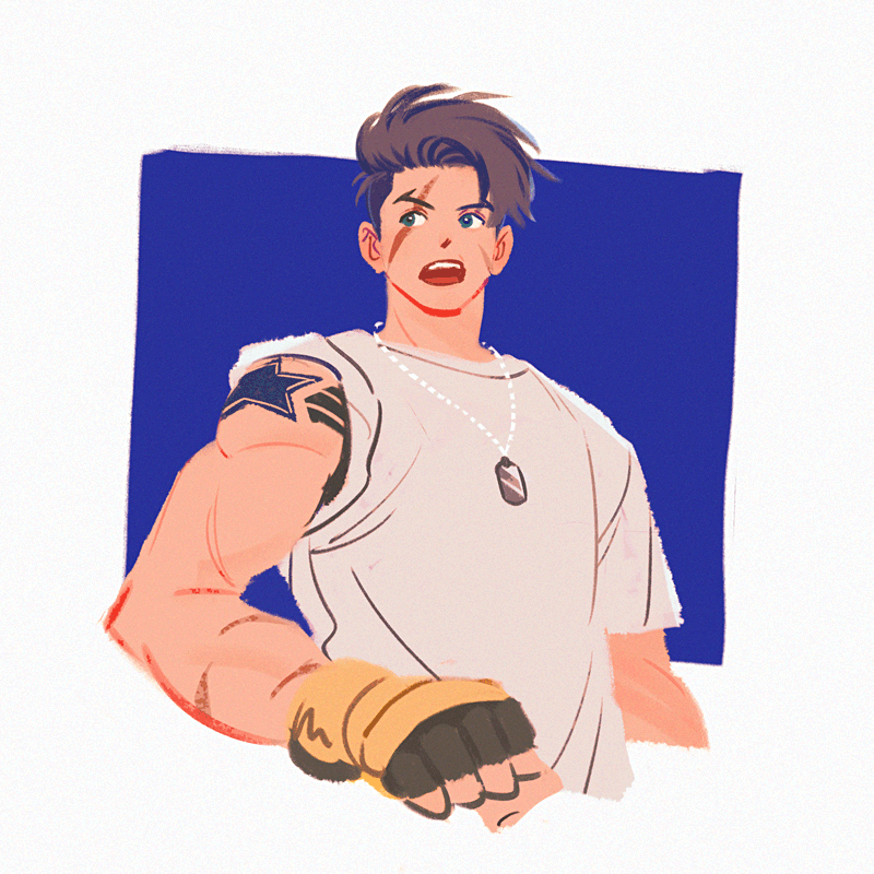 1boy, blue_eyes, brown_hair, chest_tattoo, clenched_hand, commentary, cropped_arm, cropped_torso