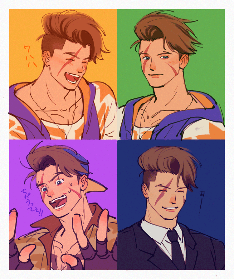 1boy, alternate_costume, arms_up, backwards_hat, baseball_cap, black_gloves, black_necktie, black_suit