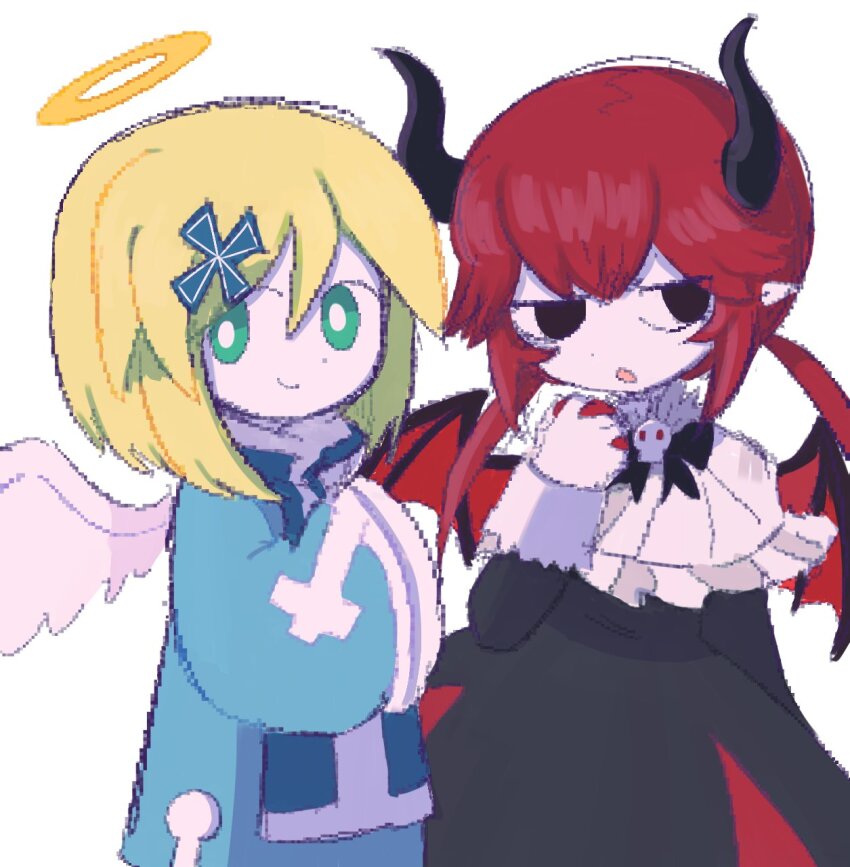 2girls, angel, angel_wings, averting_eyes, bat_wings, black_dress, black_eyes, blonde_hair, blue_robe, bob_cut, capelet, chelan_(funamusea), commentary_request, cowboy_shot, cross_hair_ornament, demon_girl, demon_horns, dialo_(funamusea), double-parted_bangs, dress, frilled_capelet, frills, funamusea, green_eyes, haiiro_teien, hair_ornament, halo, highres, horns, long_hair, medium_hair, multiple_girls, pipiikki, red_hair, robe, simple_background, smile, twintails, white_background, wide_sleeves, wings, yellow_halo