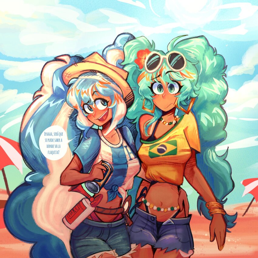2girls, aqua_eyes, aqua_hair, argentinian_flag, argentinian_flag_print, argentinian_miku, beach, bead_choker, belly_chain, big_hair, bikini, black_bikini, blue_eyes, blue_hair, bracelet, brazil, brazilian_flag, brazilian_flag_print, brazilian_miku, can, cowboy_shot, day, exposed_pocket, eyewear_on_head, flag_print, flower, hair_flower, hair_ornament, hat, hatsune_miku, highres, holding, holding_can, honduran_flag, honduras, jewelry, lattelattoso, long_hair, midriff, multicolored_hair, multiple_bracelets, multiple_girls, navel, open_mouth, outdoors, print_shirt, red_flower, rope, round_eyewear, sand, shirt, short_sleeves, shorts_tan, single_bare_shoulder, smile, speech_bubble, streaked_hair, sunglasses, swimsuit, tan, tanline, tied_shirt, translation_request, twintails, umbrella, very_long_hair, vocaloid, white-framed_eyewear, white_hair, worldwide_miku, yellow_shirt