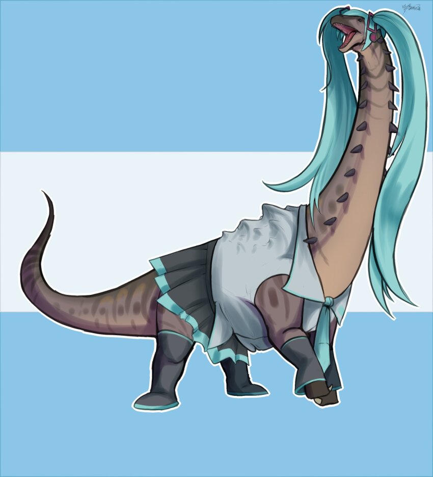 animal_focus, animalization, aqua_background, aqua_hair, aqua_necktie, argentina, argentinian_miku, argentinosaurus