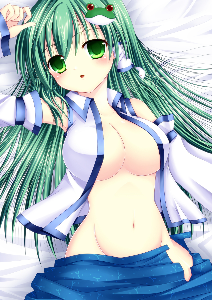 1girl, absurdres, asazuki_kanai, breasts, detached_sleeves, female_focus, frog, green_eyes