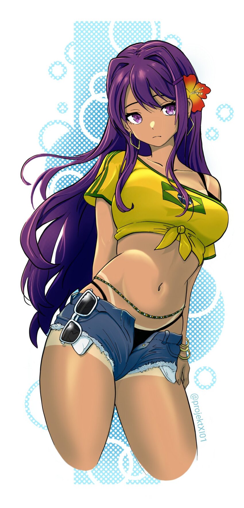 1girl, arm_behind_back, bracelet, brazilian_flag, brazilian_flag_print, brazilian_miku, breasts, crop_top