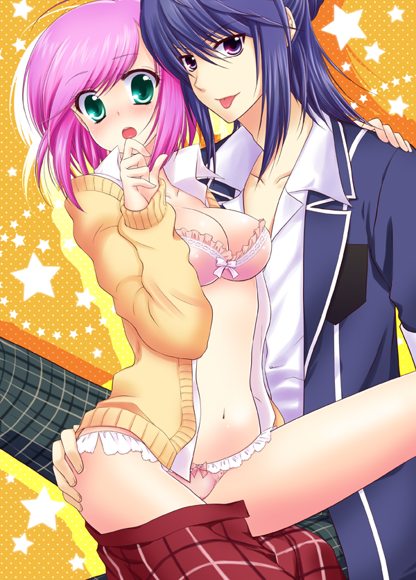 00s, 1boy, 1girl, :p, bad_id, bad_pixiv_id, black_eyes, black_hair, bra, estellise_sidos_heurassein, estellise_sidos_heurassein_(campus_royalty), green_eyes, lingerie, mika_mikan, official_alternate_costume, open_mouth, panties, short_hair, star_(symbol), tales_of_(series), tales_of_vesperia, tongue, tongue_out, underwear, yuri_lowell