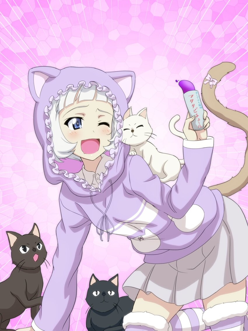 1girl, alternate_costume, blue_eyes, blunt_bangs, blush, cat, girls_und_panzer, highres