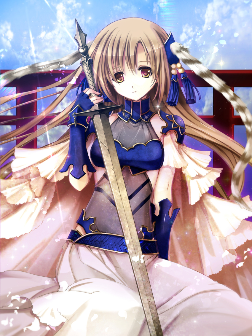 1girl, armor, bad_id, bad_pixiv_id, blonde_hair, brown_hair, female_focus, hair_ornament