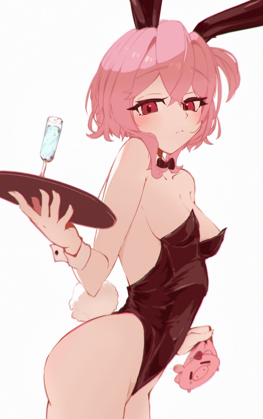 1girl, absurdres, animal_ears, blush, bow, bowtie, breasts, champagne_flute, cup, drinking_glass, fake_animal_ears, fake_tail, hair_between_eyes, hdukl, highres, holding, holding_plate, looking_at_viewer, medium_hair, nijisanji, nijisanji_en, pink_hair, plate, playboy_bunny, pout, rabbit_ears, rabbit_tail, red_eyes, rosebud_(rosemi_lovelock), rosemi_lovelock, simple_background, small_breasts, solo, tail, virtual_youtuber, white_background, wrist_cuffs