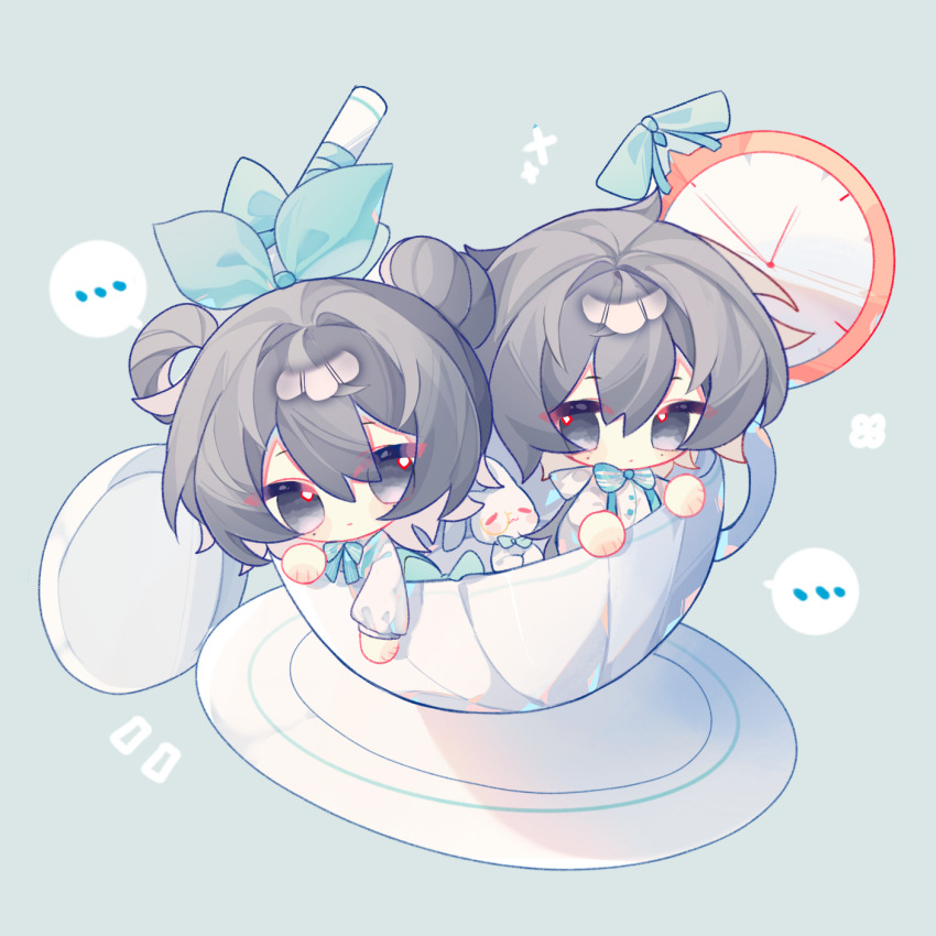 ..., 1boy, 1girl, aqua_bow, aqua_bowtie, aqua_ribbon, black_hair, bow, bowtie, chibi, chibi_only, chinese_commentary, closed_mouth, commentary_request, cup, dual_persona, expressionless, hair_bow, hair_bun, hair_rings, highres, li_yuting_(female), li_yuting_(male), long_hair, long_sleeves, luojia671, medium_hair, mole, mole_under_each_eye, mole_under_eye, multiple_moles, neck_ribbon, official_alternate_costume, ribbon, shirt, single_hair_bun, single_hair_ring, spoken_ellipsis, stuffed_animal, stuffed_rabbit, stuffed_toy, teacup, touqi_guaitan, white_shirt