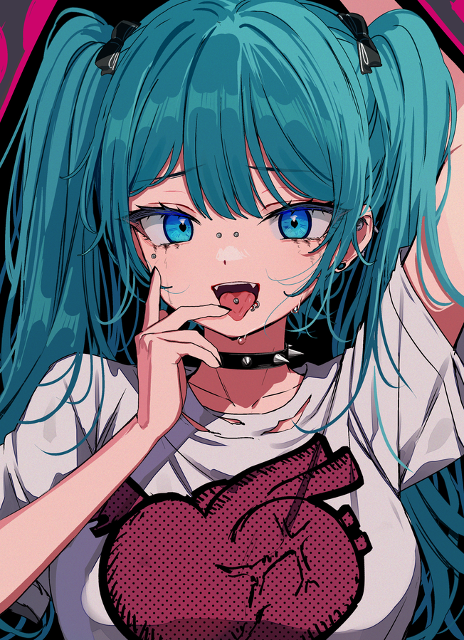 1girl, anti-eyebrow_piercing, aqua_hair, arm_up, black_ribbon, blue_eyes, bridge_piercing, choker