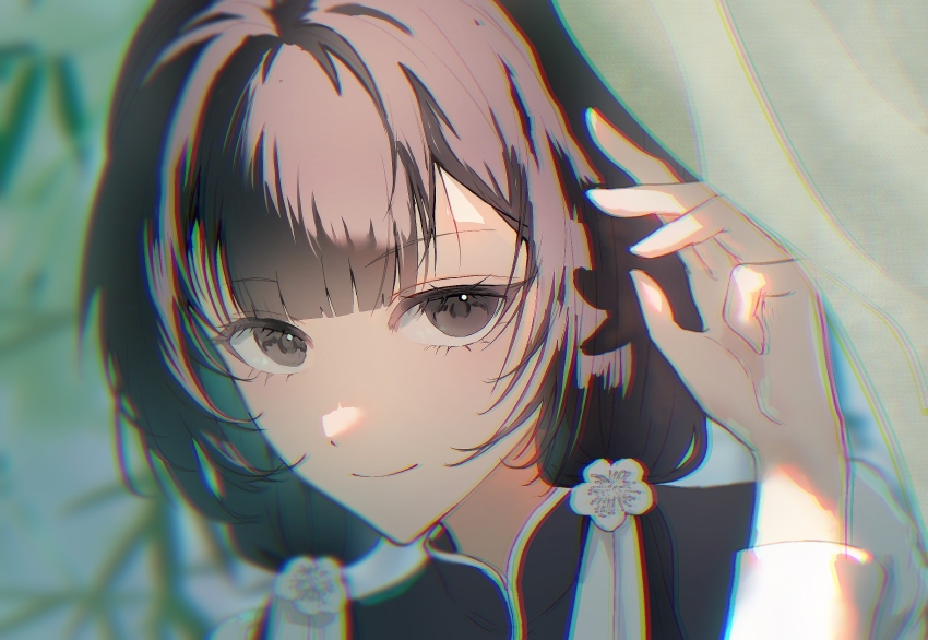 1girl, artist_request, black_vest, brown_eyes, brown_hair, chromatic_aberration, closed_mouth, commission