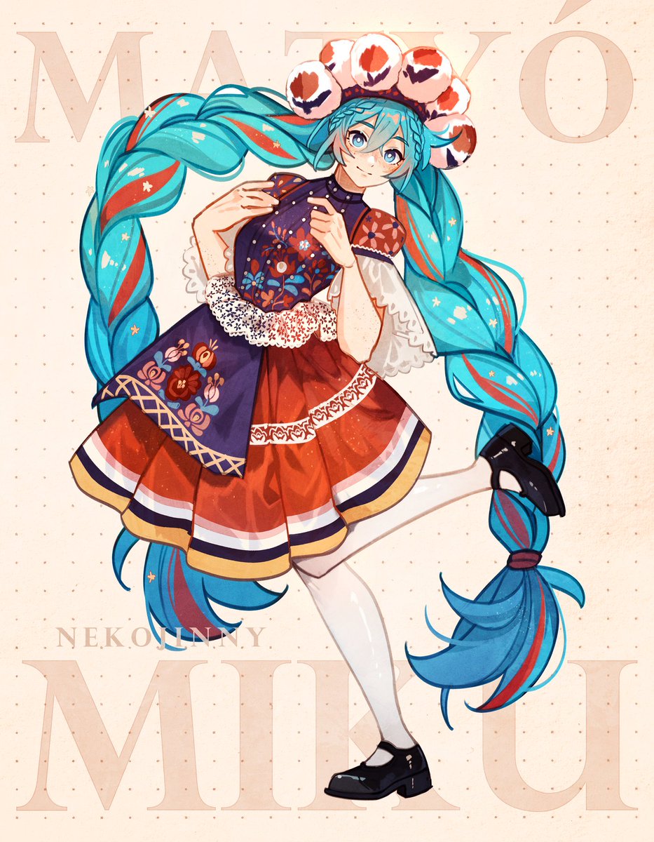 1girl, aqua_eyes, aqua_hair, black_shoes, braid, bright_pupils, dress, flower