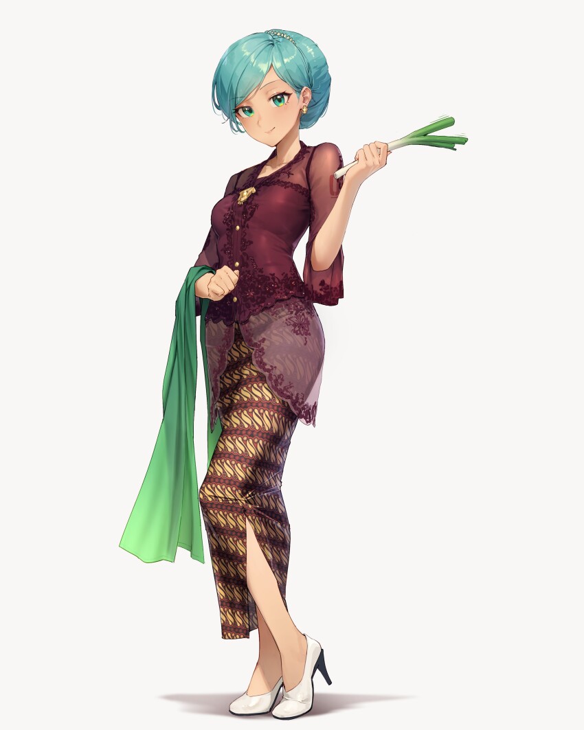 1girl, absurdres, alaskastomatoez, alternate_hairstyle, aqua_eyes, aqua_hair, arm_tattoo, batik, brown_skirt, closed_mouth, collarbone, commentary, commentary_request, earrings, english_commentary, food, full_body, green_scarf, hatsune_miku, high_heels, highres, holding, holding_food, holding_spring_onion, holding_unworn_clothes, holding_unworn_scarf, holding_vegetable, indonesia, indonesian_clothes, javanese_commentary, jewelry, kebaya, mixed-language_commentary, red_shirt, scarf, see-through_clothes, see-through_shirt, shirt, simple_background, skirt, smile, solo, spring_onion, standing, tattoo, unworn_scarf, vegetable, vocaloid, white_background, white_footwear, worldwide_miku