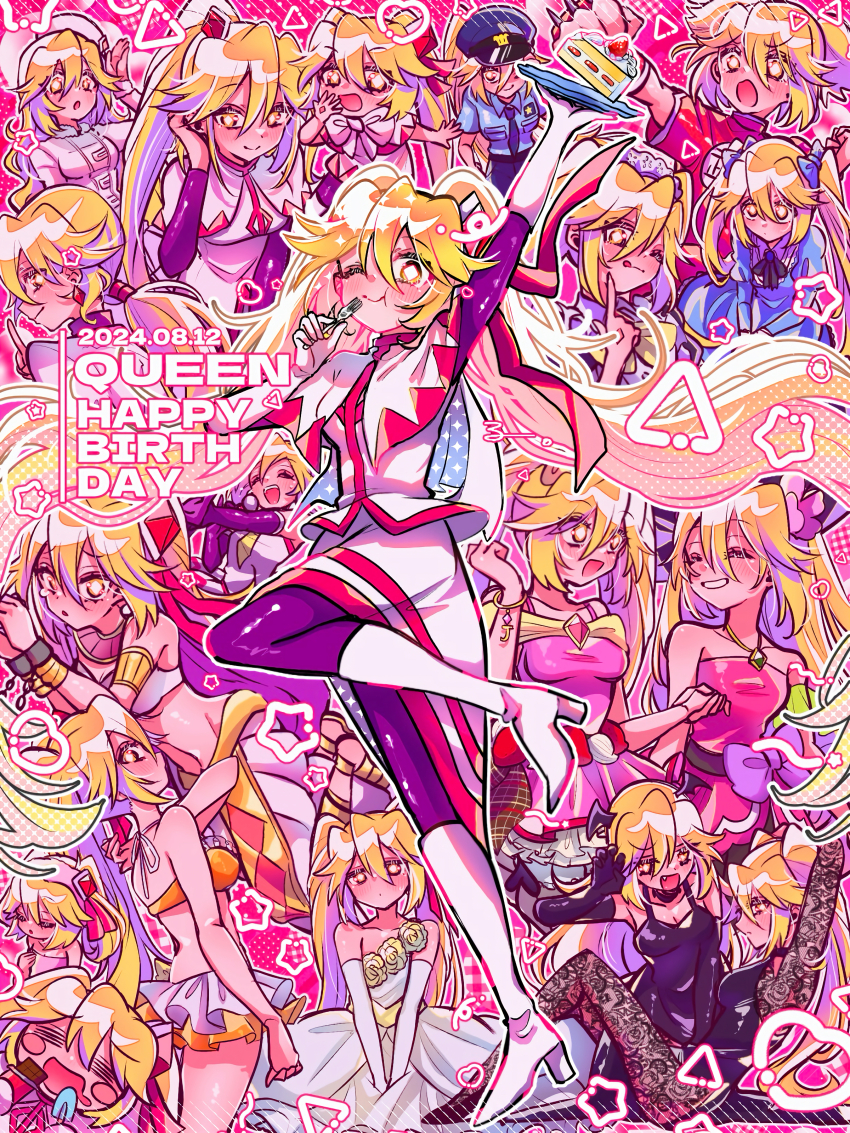 absurdres, bare_shoulders, blonde_hair, blue_bow, boots, bow, bracelet, breasts