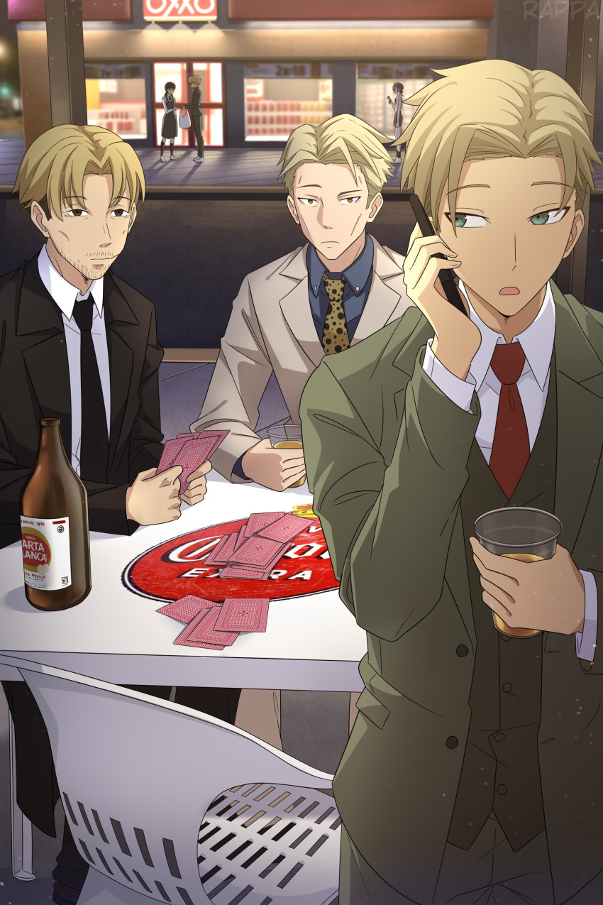 2girls, 4boys, alcohol, animal_print, bag, beer, black_footwear, black_hair