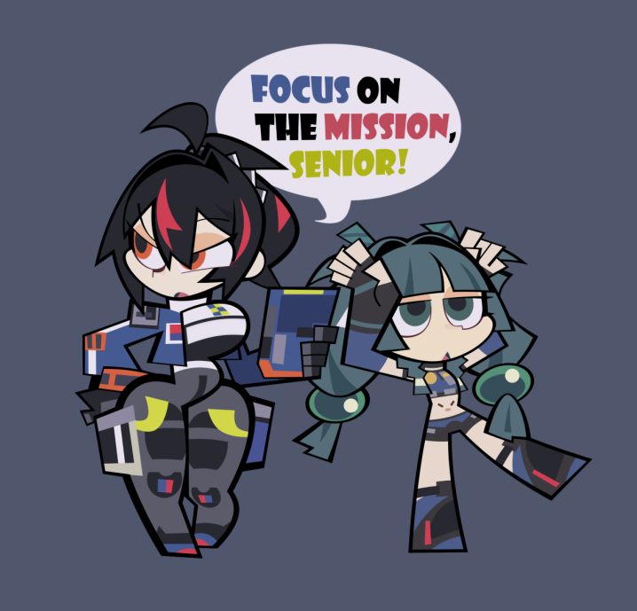 2girls, android, arms_up, black_hair, black_pants, blue_hair, breasts, chibi, commentary, crop_top, elbow_gloves, english_commentary, english_text, fingerless_gloves, full_body, gloves, green_eyes, hair_between_eyes, hair_ornament, hand_on_own_hip, hillmyna, holding, large_breasts, long_hair, multicolored_hair, multiple_girls, pants, parody, parted_lips, ponytail, qingyi_(zenless_zone_zero), red_eyes, red_hair, short_shorts, shorts, simple_background, speech_bubble, sphere_hair_ornament, standing, style_parody, twintails, zenless_zone_zero, zhu_yuan
