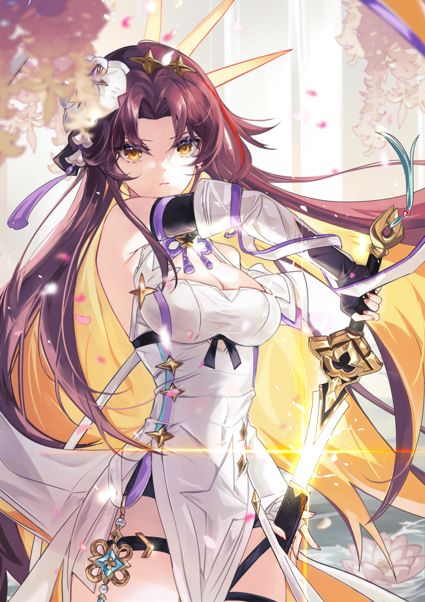 1girl, adin_(epic_seven), bandaged_hand, bandaged_neck, bandages, black_sclera, breasts, brown_hair