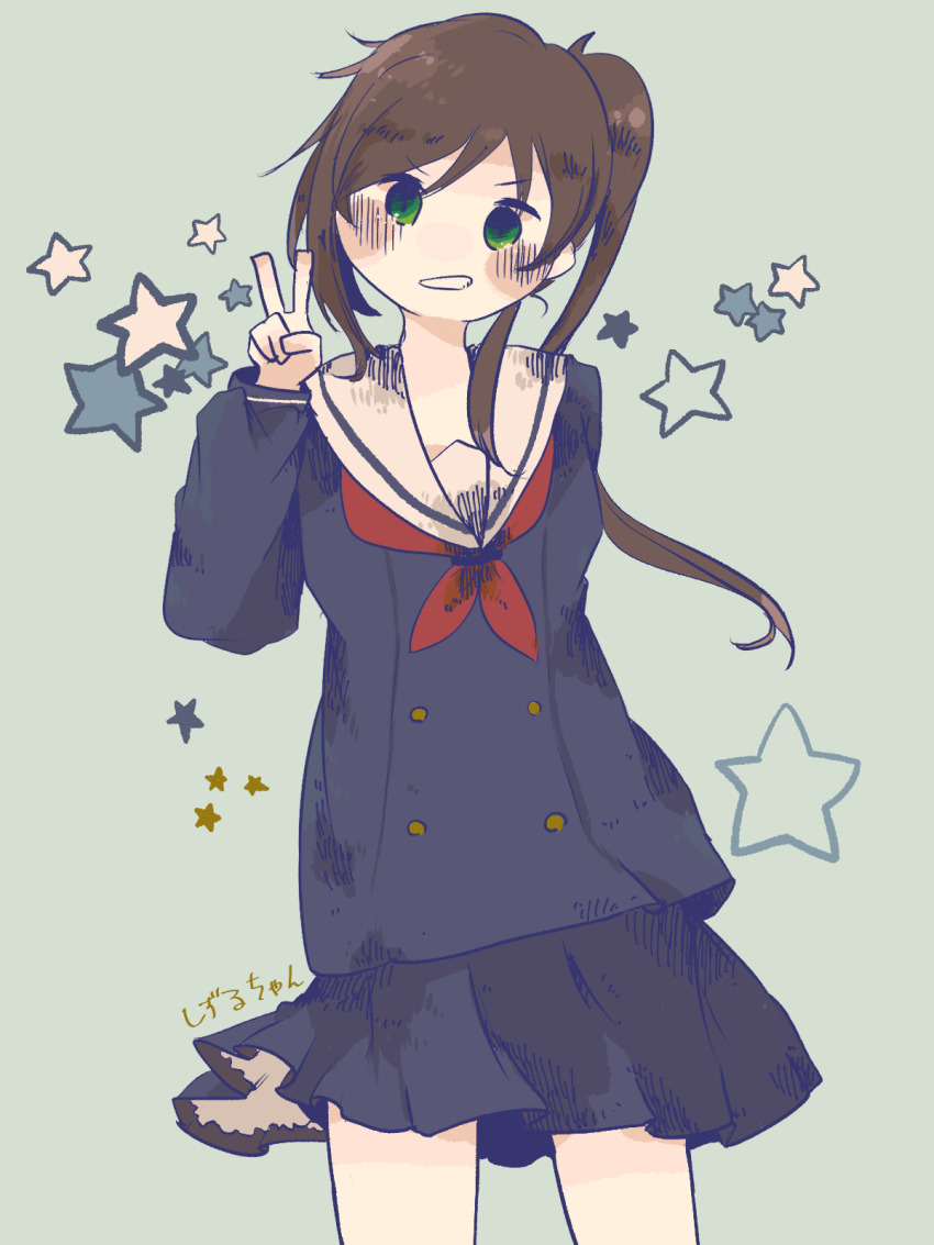 1girl, blue_background, blue_shirt, blush_stickers, brown_hair, chikura_shizuru, cowboy_shot, green_eyes, highres, hosipoke, long_hair, looking_at_viewer, neckerchief, no_nose, pleated_skirt, red_neckerchief, sailor_collar, school_uniform, shirt, shuumatsu_train_doko_e_iku?, skirt, solo, star_(symbol), translation_request, v