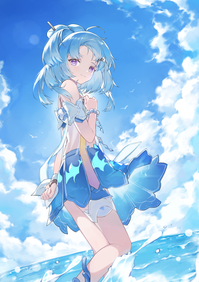 1girl, absurdres, ahoge, bare_legs, blue_hair, blue_sky, bracelet, breasts, closed_mouth, cloud, cloudy_sky, dress, from_side, gao_hai_takami, griseo, griseo_(starry_impression), griseo_(summer_as_a_painting), hair_ornament, highres, honkai_(series), honkai_impact_3rd, jewelry, light_blue_hair, looking_at_viewer, medium_hair, ocean, pearl_bracelet, purple_eyes, see-through_clothes, see-through_dress, sky, small_breasts, smile, solo, swimsuit, wading