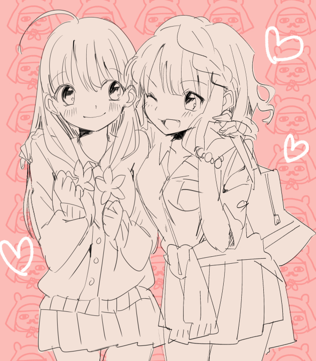 2girls, ahoge, bag, bemani, blush, bracelet, closed_mouth, clothes_around_waist