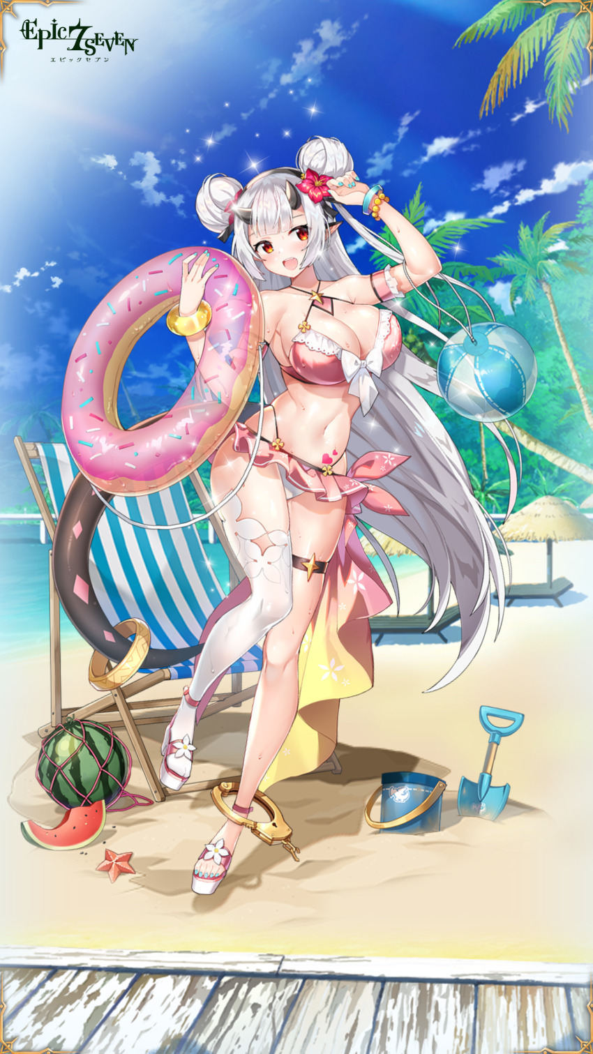 1girl, absurdres, artist_request, asymmetrical_legwear, ball, barefoot, beach, beachball