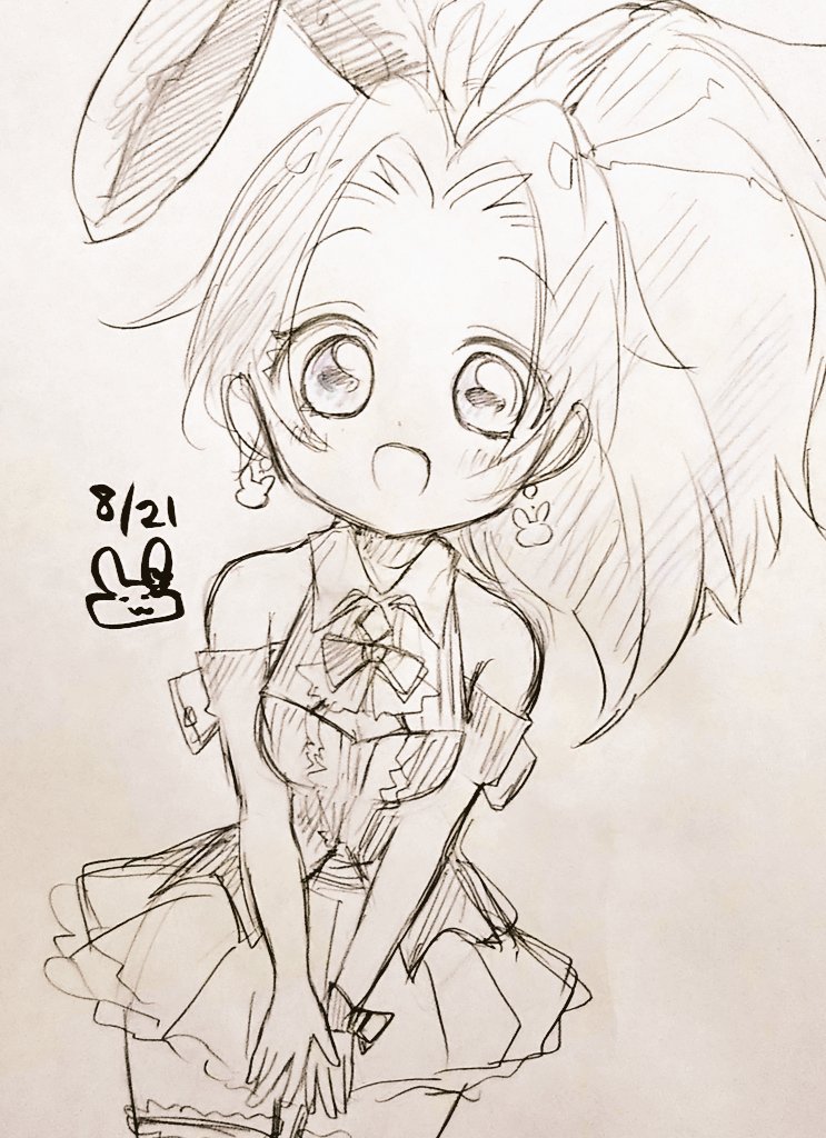 1girl, animal_ears, bemani, blush, collared_shirt, dress, earrings, fake_animal_ears, graphite_(medium), jewelry, long_hair, looking_at_viewer, moe_(pop'n_music), open_mouth, patricia_(pop'n_music), pleated_skirt, ponytail, pop'n_music, rabbit_earrings, rabbit_ears, ribbon, rozimechicka_01, shirt, skirt, solo, traditional_media, wrist_cuffs