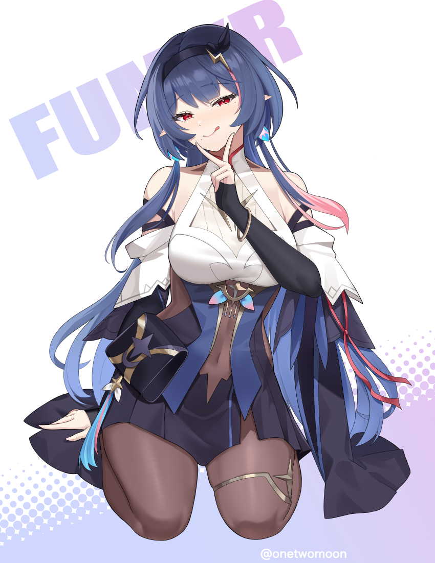 1girl, :p, absurdres, bare_shoulders, black_gloves, black_hairband, blue_hair, bodystocking